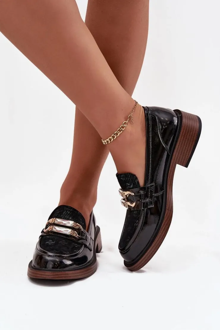 D&A Loafersy Damskie|Mokasyny Damskie Skórzane*Skórzane Lakierowane Mokasyny Damskie Z Ozdobnym Detalem MR52-173 Czarne