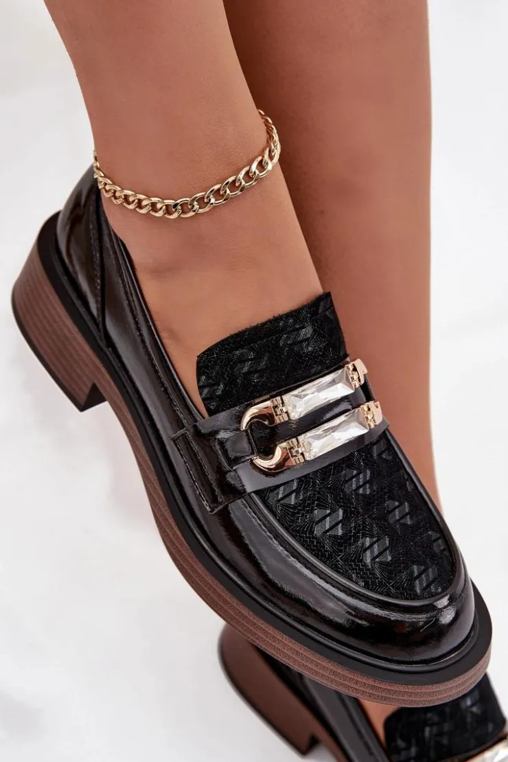 D&A Loafersy Damskie|Mokasyny Damskie Skórzane*Skórzane Lakierowane Mokasyny Damskie Z Ozdobnym Detalem MR52-173 Czarne