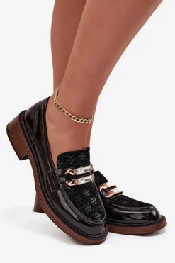 D&A Loafersy Damskie|Mokasyny Damskie Skórzane*Skórzane Lakierowane Mokasyny Damskie Z Ozdobnym Detalem MR52-173 Czarne