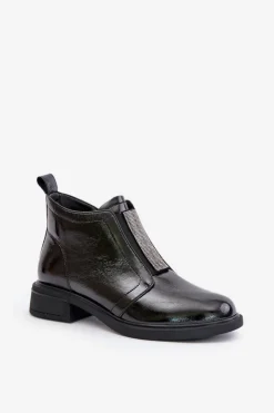 Damskie buty S.Barski Skórzane Lakierowane Niskie Botki Ze Zdobieniem Na Zamek D&A MR880-142 Czarne