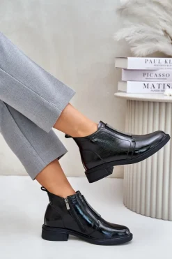 Damskie buty S.Barski Skórzane Lakierowane Niskie Botki Ze Zdobieniem Na Zamek D&A MR880-142 Czarne