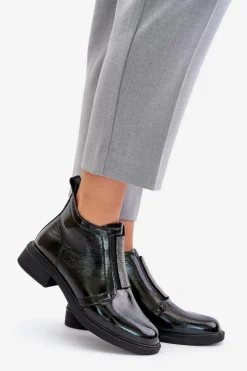 Damskie buty S.Barski Skórzane Lakierowane Niskie Botki Ze Zdobieniem Na Zamek D&A MR880-142 Czarne