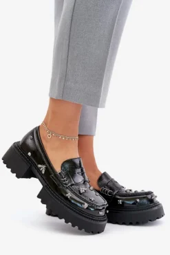 Damskie Damskie buty S.Barski Skórzane Lakierowane Półbuty Damskie Z Ozdobami D&A MR880-103 Czarne