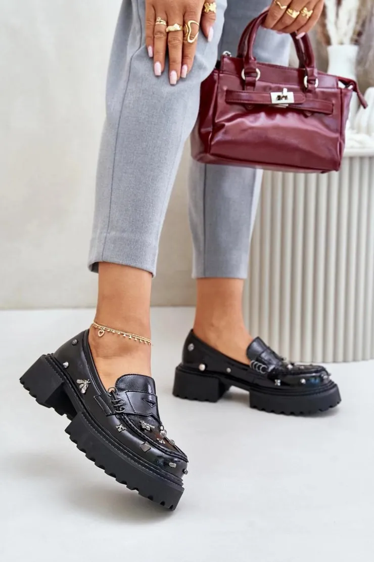 Damskie Damskie buty S.Barski Skórzane Lakierowane Półbuty Damskie Z Ozdobami D&A MR880-103 Czarne