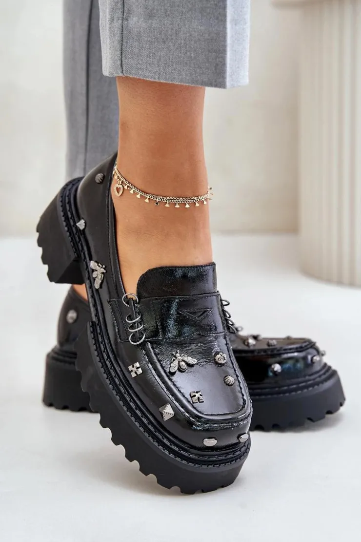 Damskie Damskie buty S.Barski Skórzane Lakierowane Półbuty Damskie Z Ozdobami D&A MR880-103 Czarne