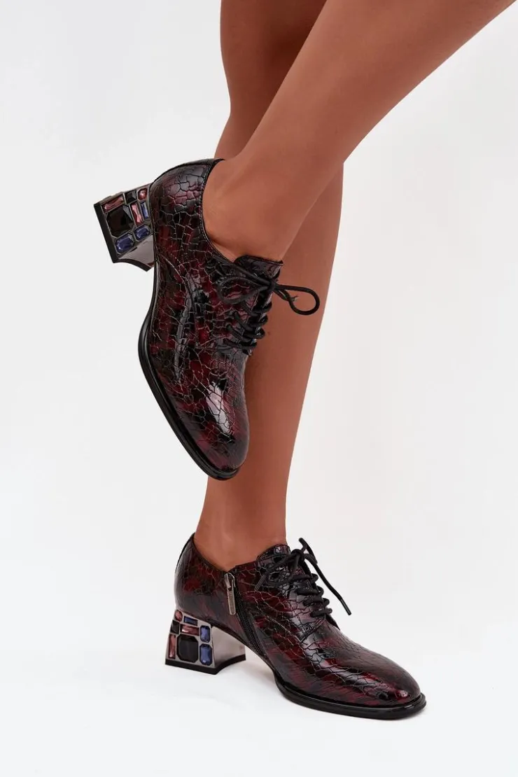 Artiker Półbuty Skórzane*Skórzane Lakierowane Półbuty Damskie Na Obcasie Z Kryształkami 57C0073 Bordowe Czerwony