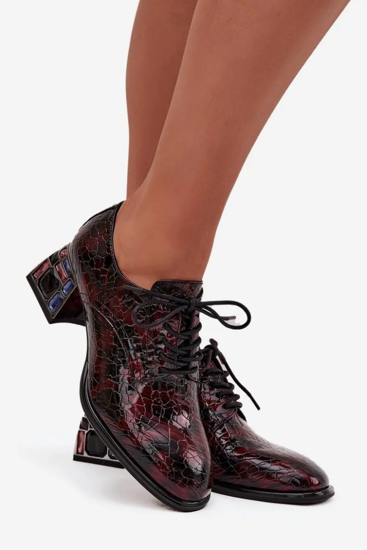 Artiker Półbuty Skórzane*Skórzane Lakierowane Półbuty Damskie Na Obcasie Z Kryształkami 57C0073 Bordowe Czerwony