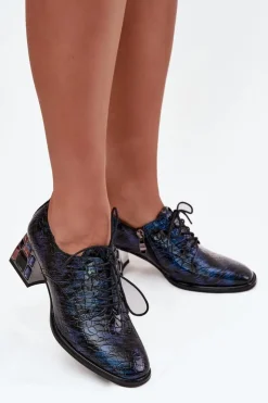 Artiker Półbuty Skórzane*Skórzane Lakierowane Półbuty Damskie Na Obcasie Z Kryształkami 55C0428 Granatowe Niebieski