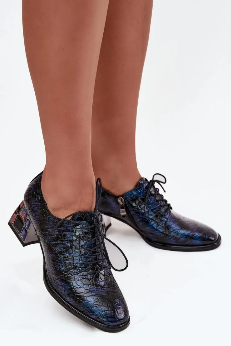 Artiker Półbuty Skórzane*Skórzane Lakierowane Półbuty Damskie Na Obcasie Z Kryształkami 55C0428 Granatowe Niebieski