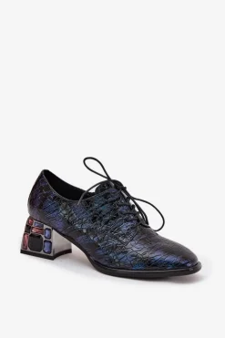 Artiker Półbuty Skórzane*Skórzane Lakierowane Półbuty Damskie Na Obcasie Z Kryształkami 55C0428 Granatowe Niebieski