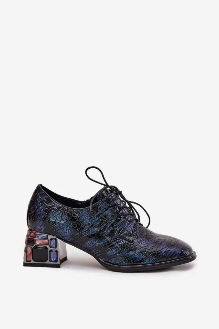 Artiker Półbuty Skórzane*Skórzane Lakierowane Półbuty Damskie Na Obcasie Z Kryształkami 55C0428 Granatowe Niebieski