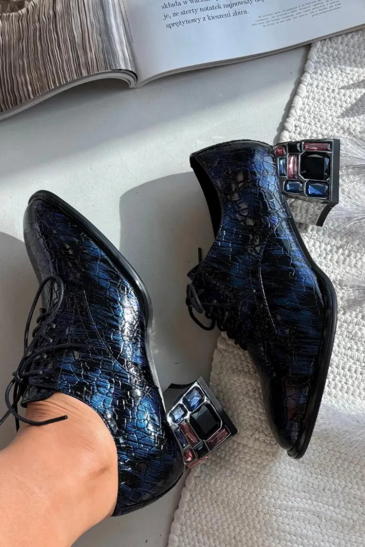 Artiker Półbuty Skórzane*Skórzane Lakierowane Półbuty Damskie Na Obcasie Z Kryształkami 55C0428 Granatowe Niebieski