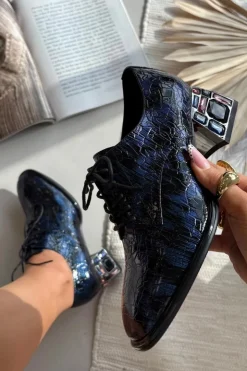 Artiker Półbuty Skórzane*Skórzane Lakierowane Półbuty Damskie Na Obcasie Z Kryształkami 55C0428 Granatowe Niebieski