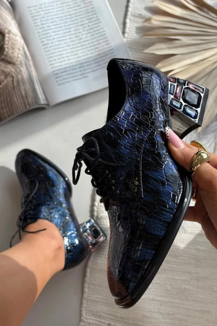 Artiker Półbuty Skórzane*Skórzane Lakierowane Półbuty Damskie Na Obcasie Z Kryształkami 55C0428 Granatowe Niebieski