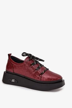 Damskie Artiker Skórzane Lakierowane Półbuty Damskie Na Platformie 57C2046 Bordowe