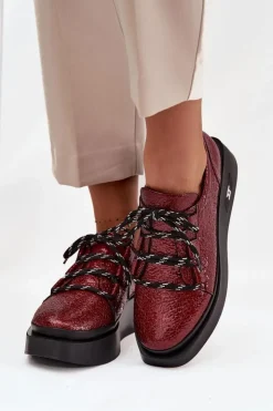 Damskie Artiker Skórzane Lakierowane Półbuty Damskie Na Platformie 57C2046 Bordowe