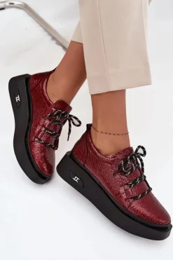 Damskie Artiker Skórzane Lakierowane Półbuty Damskie Na Platformie 57C2046 Bordowe