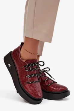 Damskie Artiker Skórzane Lakierowane Półbuty Damskie Na Platformie 57C2046 Bordowe