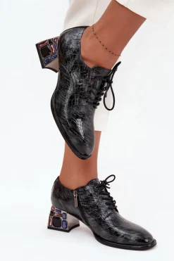 Damskie Artiker Skórzane Lakierowane Półbuty Damskie Na Obcasie Z Kryształkami 57C0072 Szare