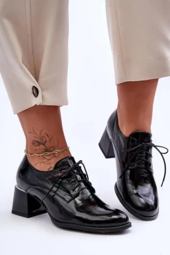 Boto Półbuty Skórzane*Skórzane Lakierowane Półbuty Damskie Na Obcasie Czarne Keria