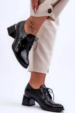 Boto Półbuty Skórzane*Skórzane Lakierowane Półbuty Damskie Na Obcasie Czarne Keria