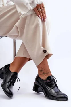 Boto Półbuty Skórzane*Skórzane Lakierowane Półbuty Damskie Na Obcasie Czarne Keria