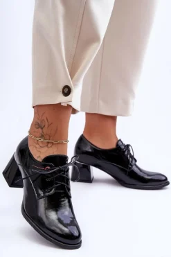 Boto Półbuty Skórzane*Skórzane Lakierowane Półbuty Damskie Na Obcasie Czarne Keria