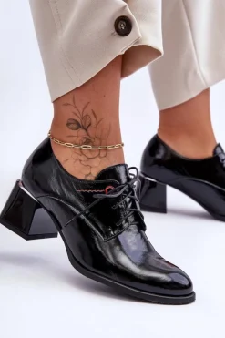 Boto Półbuty Skórzane*Skórzane Lakierowane Półbuty Damskie Na Obcasie Czarne Keria