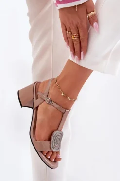 Buty damskie Vinceza Sandały Na Słupku|Sandały Na Obcasie*Skórzane Lakierowane Sandały Damskie Na Słupku Z Ozdobą Vinceza 91134 Beżowe Beżowy