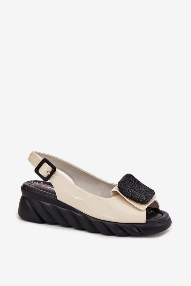 Damskie Artiker Skórzane Lakierowane Sandały Damskie Na Koturnie z Ozdobą 56C1567 Beżowe