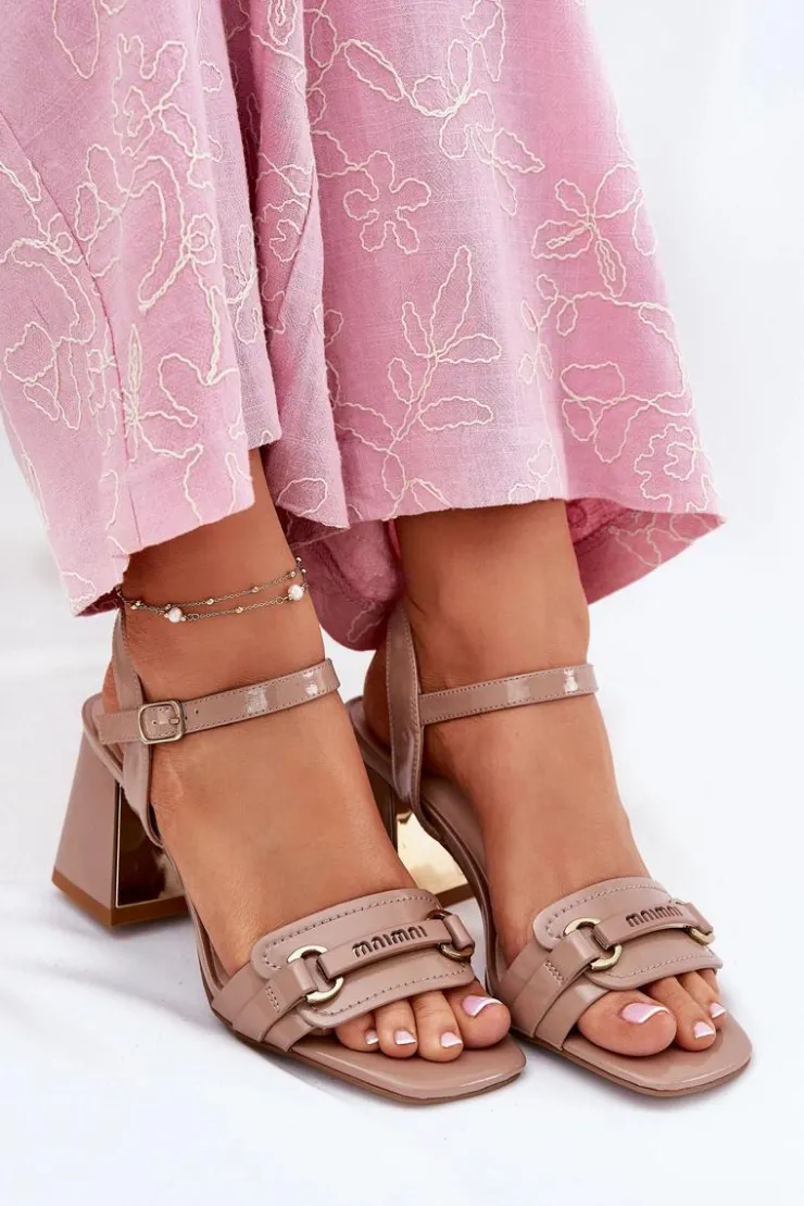 Online Evento Skórzane Lakierowane Sandały Damskie Na Słupku Beżowe Mevonelle Beżowy