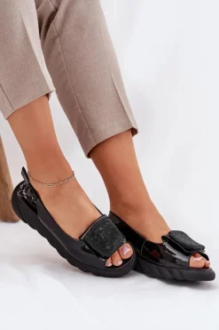 Clearance Artiker Skórzane Lakierowane Sandały Damskie Na Koturnie z Ozdobą 56C1564 Czarne Czarny