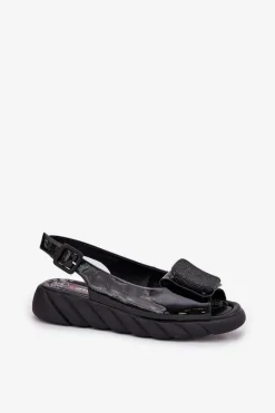 Clearance Artiker Skórzane Lakierowane Sandały Damskie Na Koturnie z Ozdobą 56C1564 Czarne Czarny