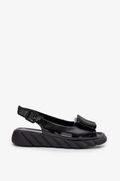 Clearance Artiker Skórzane Lakierowane Sandały Damskie Na Koturnie z Ozdobą 56C1564 Czarne Czarny