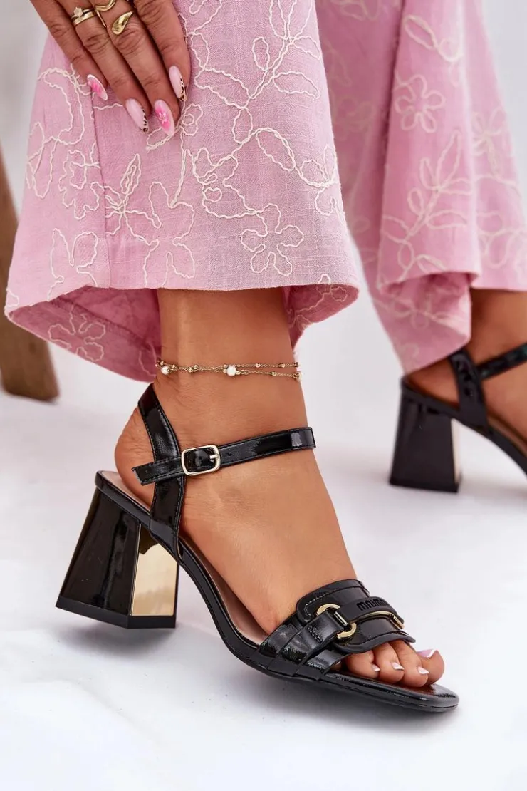 Evento Sandały Na Słupku|Sandały Na Obcasie*Skórzane Lakierowane Sandały Damskie Na Słupku Czarne Mevonelle Czarny