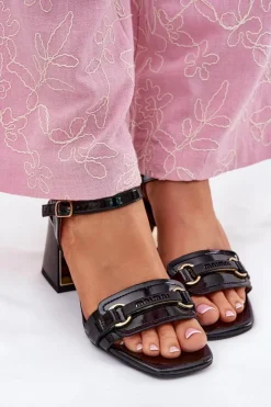 Evento Sandały Na Słupku|Sandały Na Obcasie*Skórzane Lakierowane Sandały Damskie Na Słupku Czarne Mevonelle Czarny