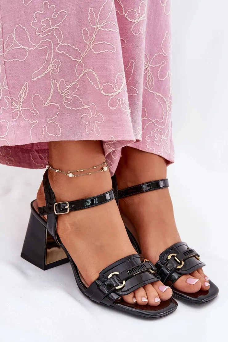 Evento Sandały Na Słupku|Sandały Na Obcasie*Skórzane Lakierowane Sandały Damskie Na Słupku Czarne Mevonelle Czarny