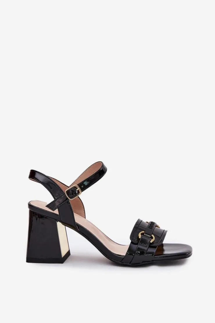 Evento Sandały Na Słupku|Sandały Na Obcasie*Skórzane Lakierowane Sandały Damskie Na Słupku Czarne Mevonelle Czarny
