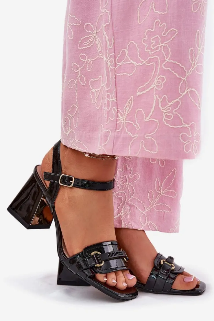 Evento Sandały Na Słupku|Sandały Na Obcasie*Skórzane Lakierowane Sandały Damskie Na Słupku Czarne Mevonelle Czarny