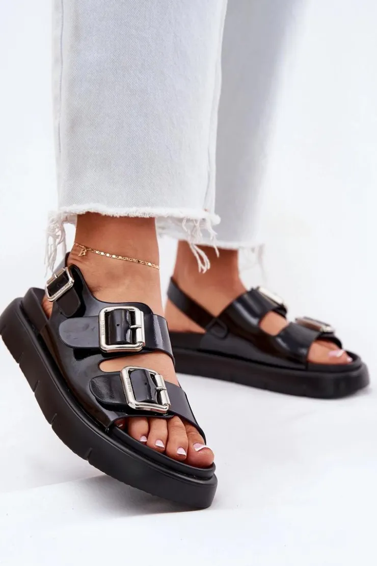 Big Star Shoes Sandały Big Star|Sandały Płaskie*Skórzane Lakierowane Sandały Damskie Z Klamrami Big Star RR274662 Czarne Czarny