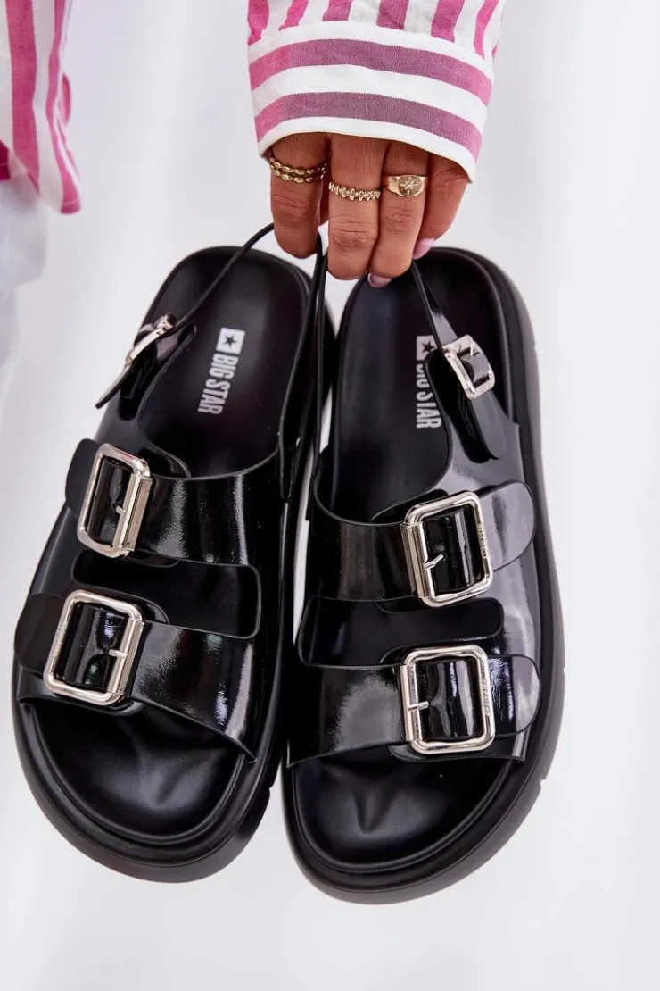 Big Star Shoes Sandały Big Star|Sandały Płaskie*Skórzane Lakierowane Sandały Damskie Z Klamrami Big Star RR274662 Czarne Czarny