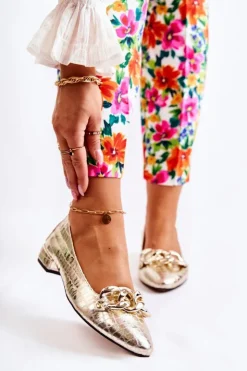 Boto Skórzane Lakierowane Wężowe Czółenka Złote Elissabeth