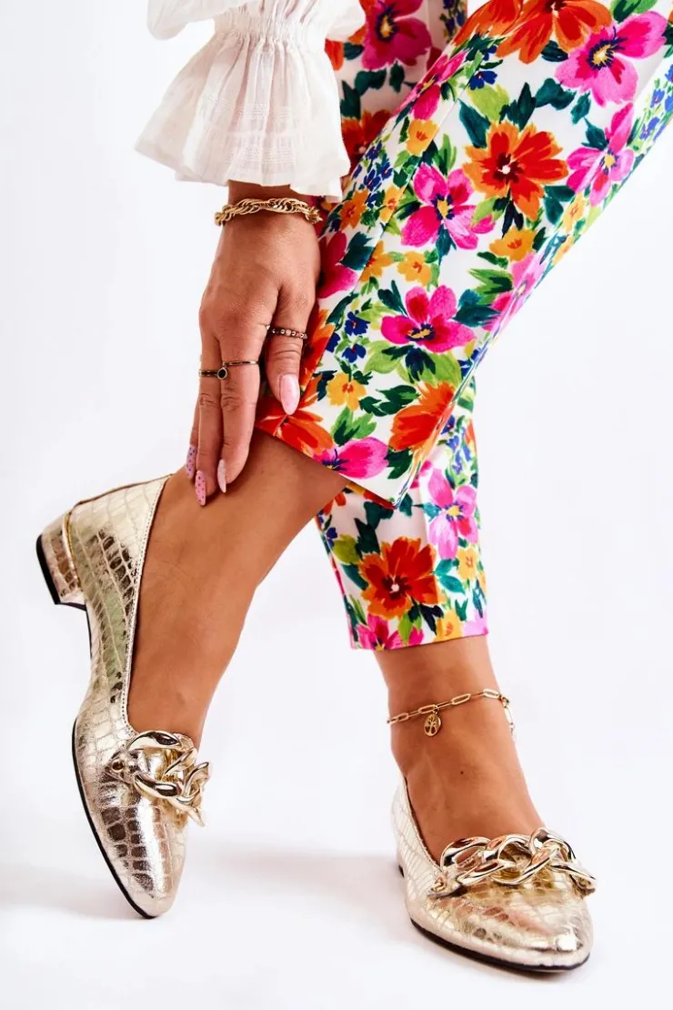 Boto Skórzane Lakierowane Wężowe Czółenka Złote Elissabeth