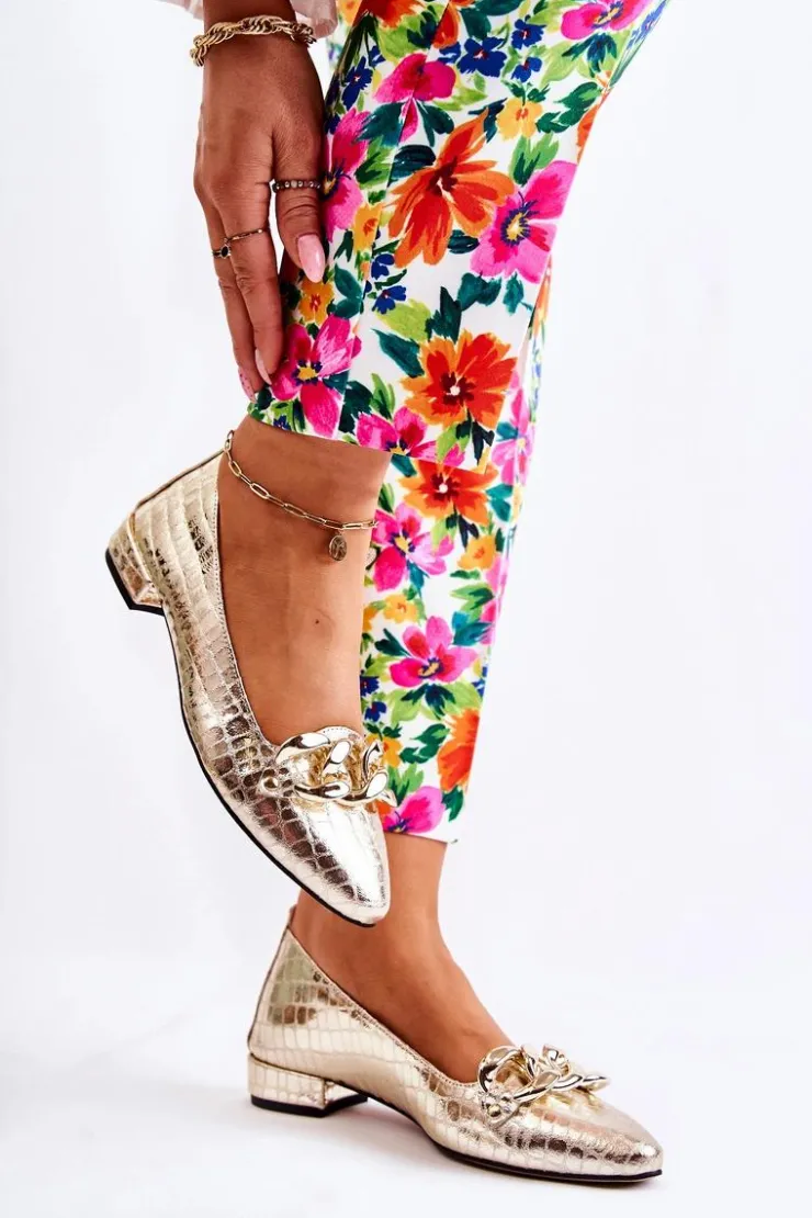 Boto Skórzane Lakierowane Wężowe Czółenka Złote Elissabeth