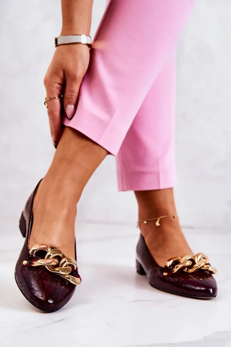 Damskie Boto Skórzane Lakierowane Wężowe Czółenka Bordowe Elissabeth