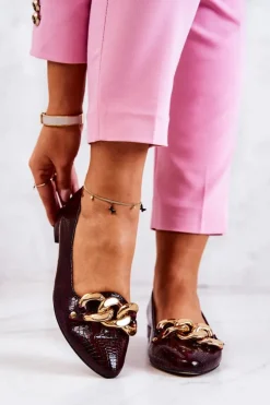 Damskie Boto Skórzane Lakierowane Wężowe Czółenka Bordowe Elissabeth