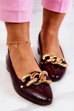 Damskie Boto Skórzane Lakierowane Wężowe Czółenka Bordowe Elissabeth