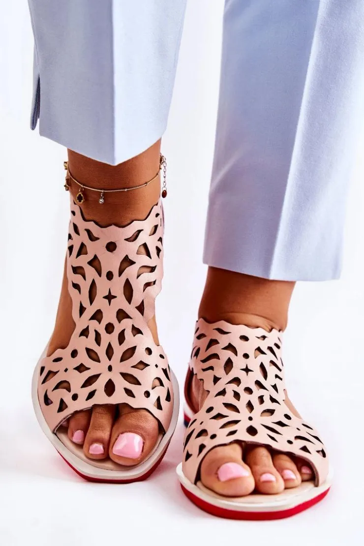 Best Boto Skórzane Lekkie Ażurowe Sandały Różowe Alima