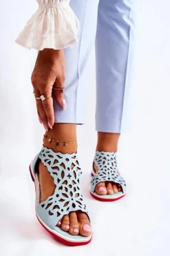 Damskie Boto Skórzane Lekkie Ażurowe Sandały Jasnoniebieskie Alima