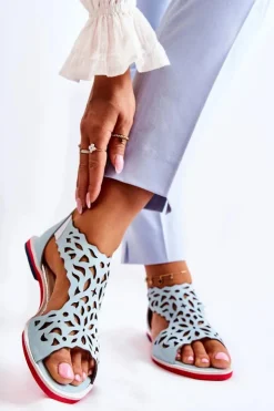 Damskie Boto Skórzane Lekkie Ażurowe Sandały Jasnoniebieskie Alima